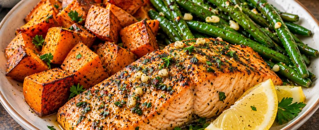 Pansy’s Garlic Herb Salmon with Roasted Sweet Potatoes & Green Beans