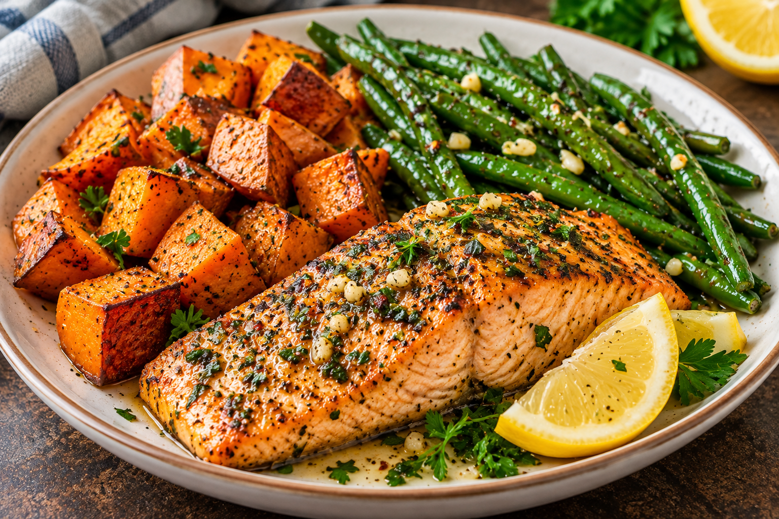 Pansy’s Garlic Herb Salmon with Roasted Sweet Potatoes & Green Beans