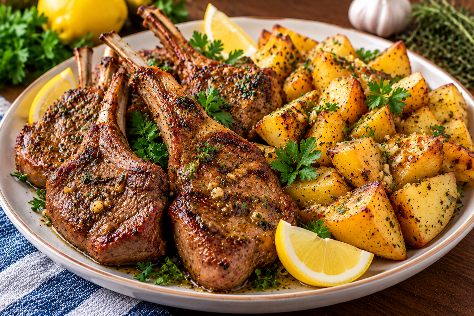 Pansy’s Greek Garlic & Herb Lamb Chops with Lemon Potatoes